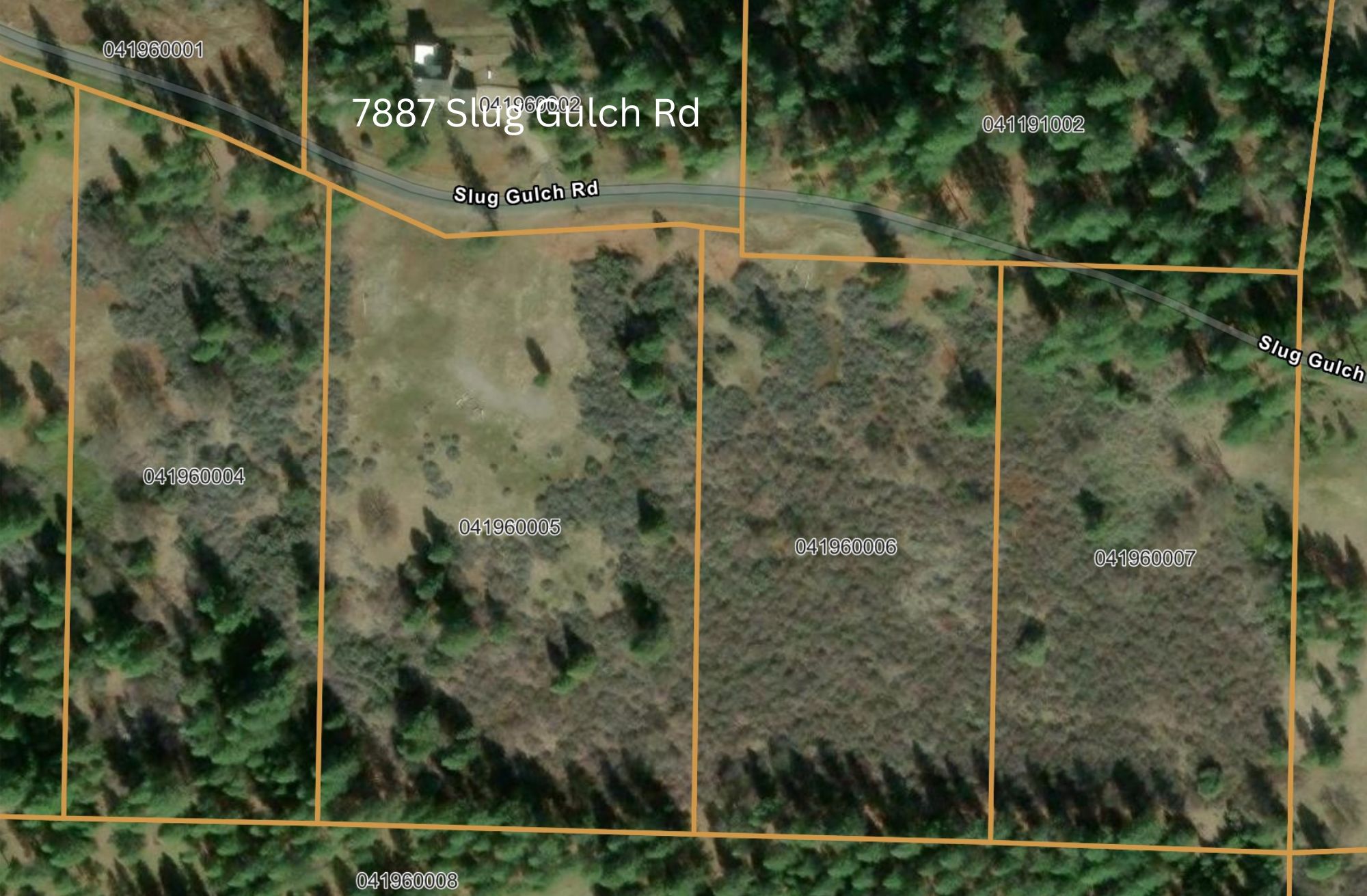 Aerial parcel map showing APNs 041-960-004 through 041-960-007 along Slug Gulch Road